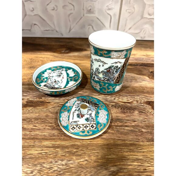 Vintage Hand Painted Imari Japan Lidded Yunomi Tea Cup & Saucer Turquoise Gold - Picture 2 of 9